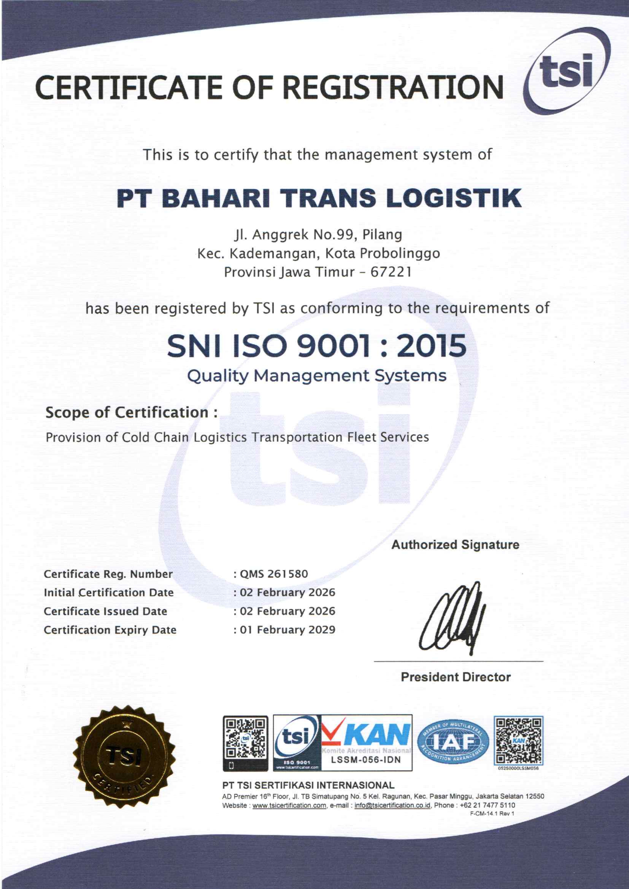 Ilustrasi sementara Sertifikat ISO 9001:2015 PT. Bahari Trans Logistik